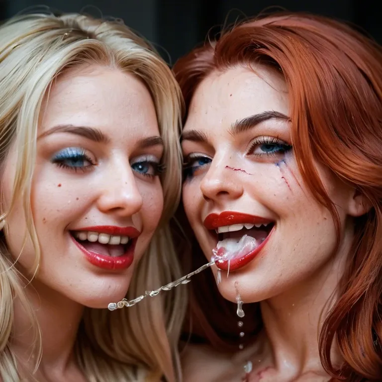 2 women, blonde and auburn. close view cum squirting out of pussy into auburn woman's mouth.  Super happy, laughing,  gorgeous, beautiful blonde, blue eyes, red lipstick, blue mascara running, cuts and bruises