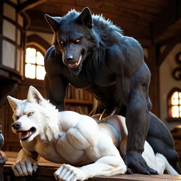 Furry only, anthro, two males, gay, Werewolves, Black fur, White fur, canid penis, big penis, forest cottage, soft lighting, inside, anal penetration, Doggystyle, intimate