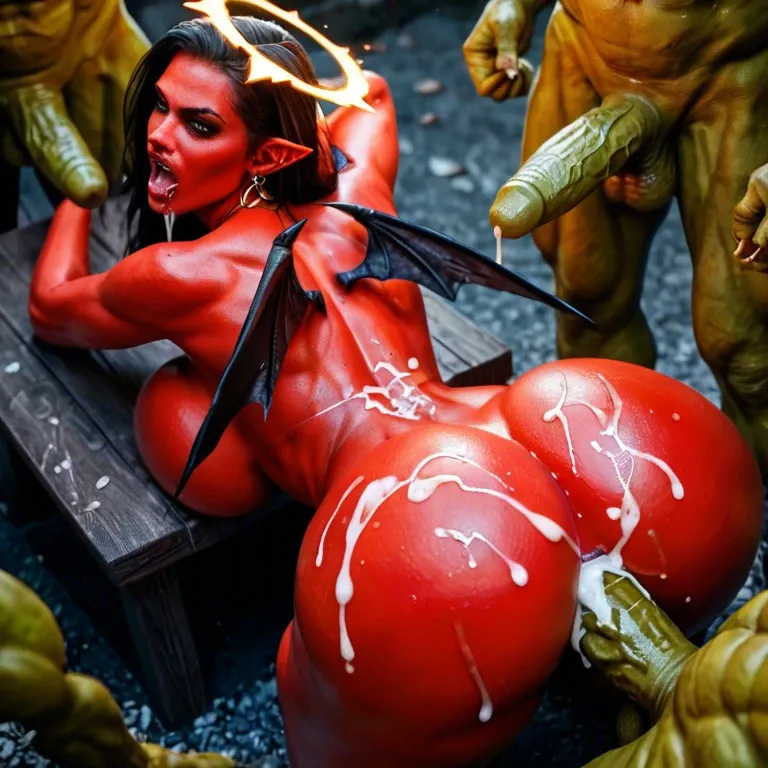 full red skin female devil,fire halo,dark wings,huge breasts,huge ass,very angry,scream of rage,fucked,male goblin green cock,bukkake,creampie,doggy style,anal,back view