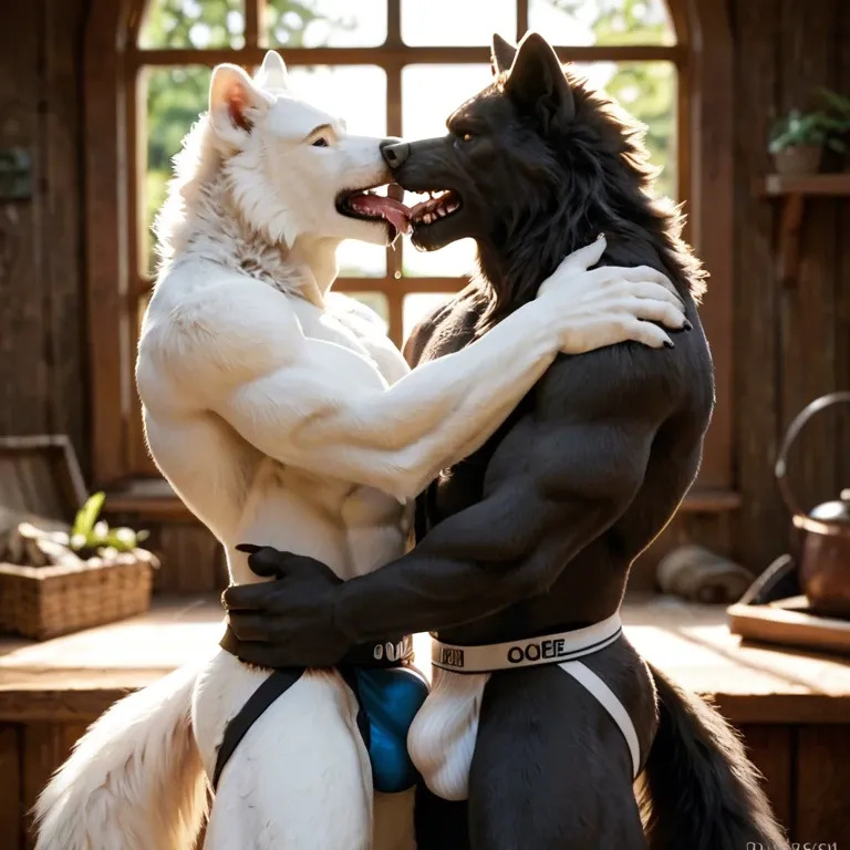 Furry only, anthro, two males, gay, Werewolves, Black fur, White fur, forest cottage, soft lighting, inside, french kissing, intimate, drooling, Jockstrap only, bulge