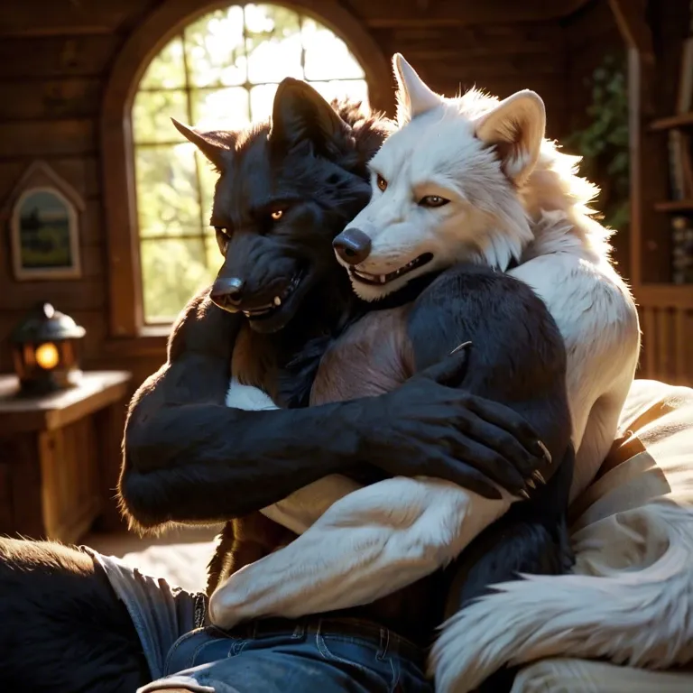 Furry only, anthro, two males, gay, Werewolves, Black fur, White fur, forest cottage, night, soft lighting, inside, cuddling, embrace,