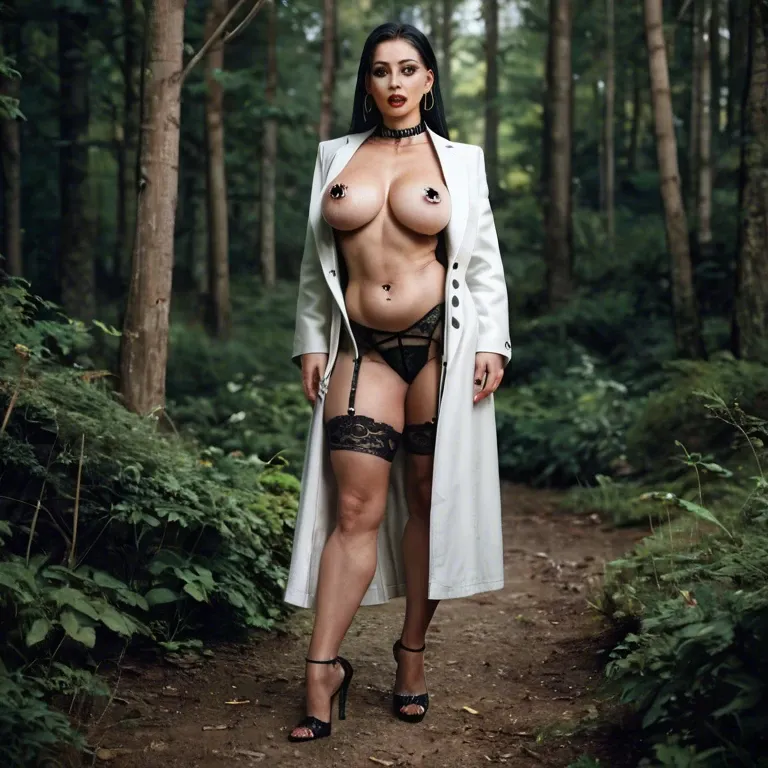 curvy, fatty belly, liitle boobs, forrest, sexy black lingerie, white coat, thongs, wide face, angular face, piercing on nipples, high heels