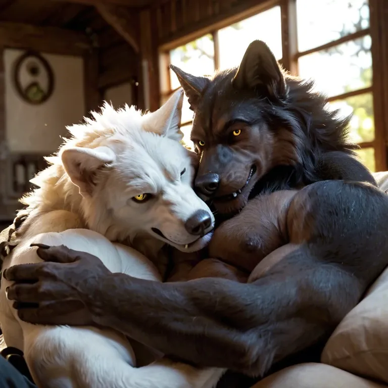 Furry only, anthro, two males, gay, Werewolves, Black fur, White fur, forest cottage, soft lighting, inside, cuddling, embrace,