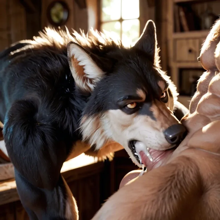 Furry only, anthro, two males, gay, Werewolves, Black fur, White fur, canid penis, big penis, forest cottage, soft lighting, inside, blowjob, deep throat, cum inside