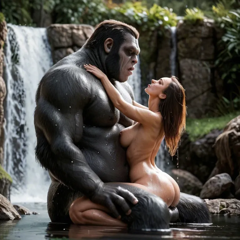 Huge size difference, side view, head up, orgasm, waterfall,wet bodies,Nude,giant gorilla monster fuck passionate bbw, cowgirl, back arch, gorilla sitting,long brown hair,detail cock, detail body, detail woman face, detail gorilla face