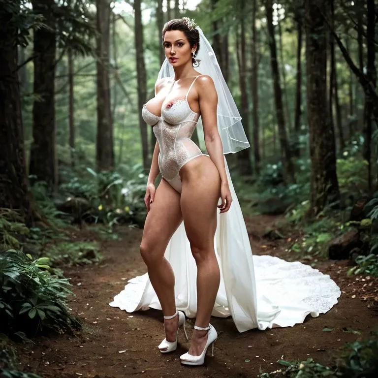 bride, forest, villa, face closer-up, face good to see, make-up, high heels, lingerie, thongs, curvy, belly, normal tits