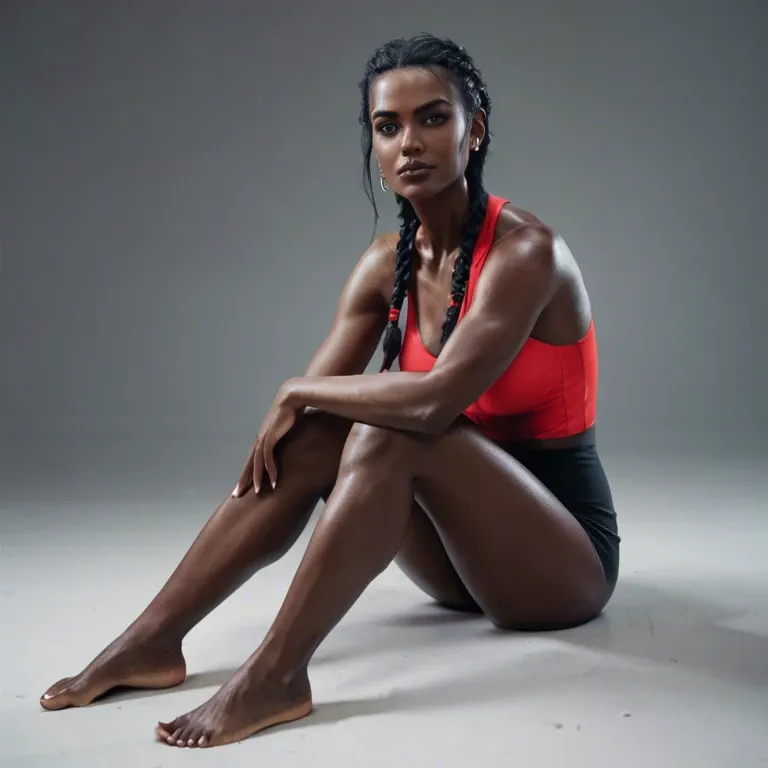 woman, black skin, braided hair, black hair, full body, sitting