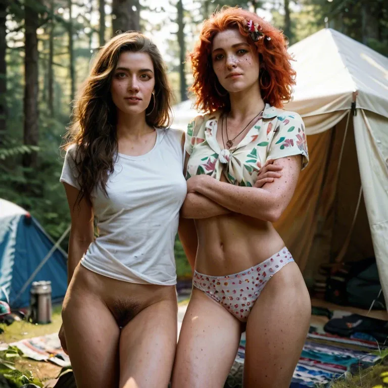 2girl, 70s, yellow photo filter, hippie, psychedelic, beautiful, shirt, panties, pretty, petite, hairy pussy, freckles, messy unwashed hair, lesbians, cute, shy, camping with tents, forest