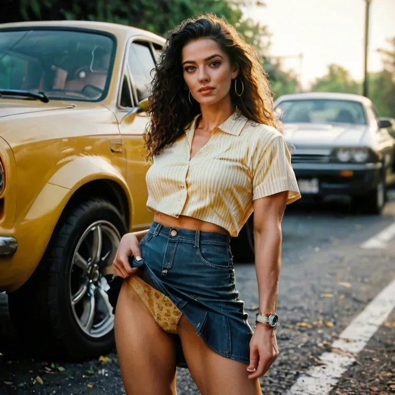 70s, yellow photo filter, muscle car, hippies, yellow shirt, panties, skirt, psychedelic, addicted, petite, hairy, unhealthy skin, unwashed hair