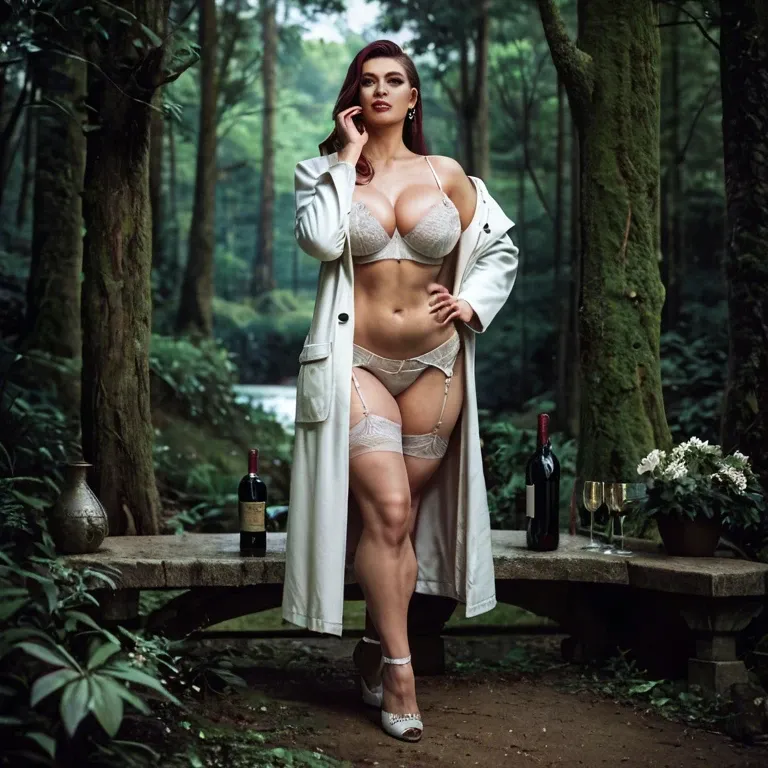 Wine bottle, White Coat,  curvy, belly, slut, forest, villa, face closer-up, face good to see, make-up, high heels, slut-lingerie, thongs, curvy, belly, normal tits, big face, belly, angular face, edged face, forest home