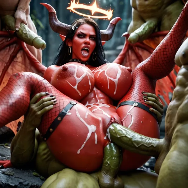 full red skin female devil,fire halo,big wings,big horns,huge breasts,huge ass,very angry,scream of rage,fucked,male goblin green cock,gang bang,double penetration,bukkake,back view