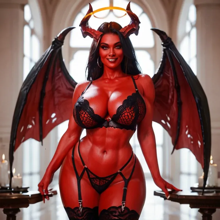 beautiful sexy full red skin demon with big horns and fire halo and wings also have huge natural breasts and big hip and huge ass wearing sexy lingerie, seductive smile, standing, front view