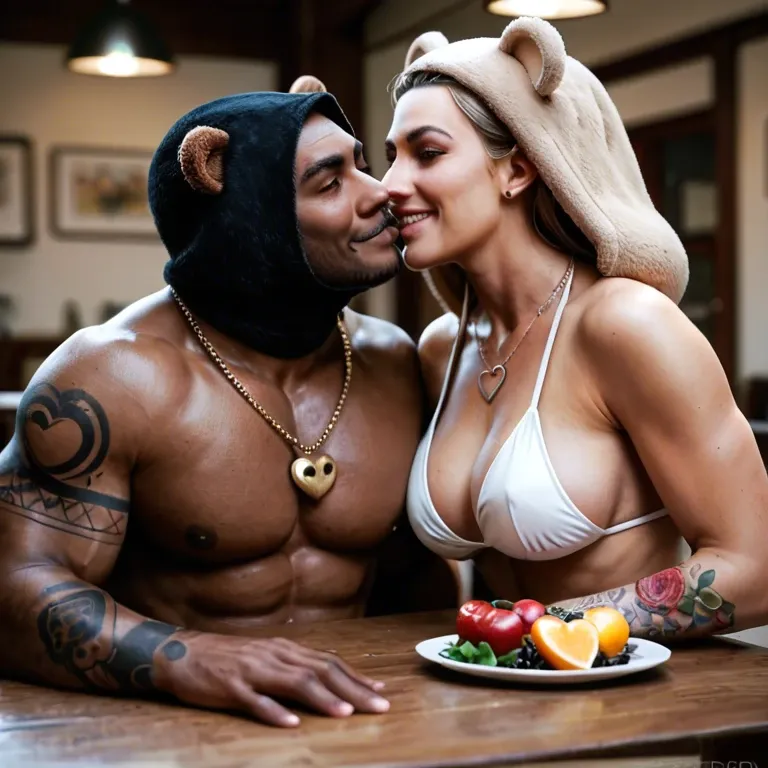 2girl, , , , pink eyes,warm smile,huge boobs,pecs,kissing neck, eyes shut,tattooed arms,huge boobs,table,black skin, bear costume,heart necklace,jewelry,white bikini,black boots, kitchen, train, medieval prison, table, semi-realistic, sunlight, lara croft, disney princess, asuka langley