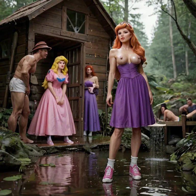 1girl,1boy, , , , group watching,warm,defined nipples,swamp cabin,pale white skin, purple dress,white socks,cape,wet panties,sneakers, shower, daphne blake, medieval, princess peach, ariel waifu