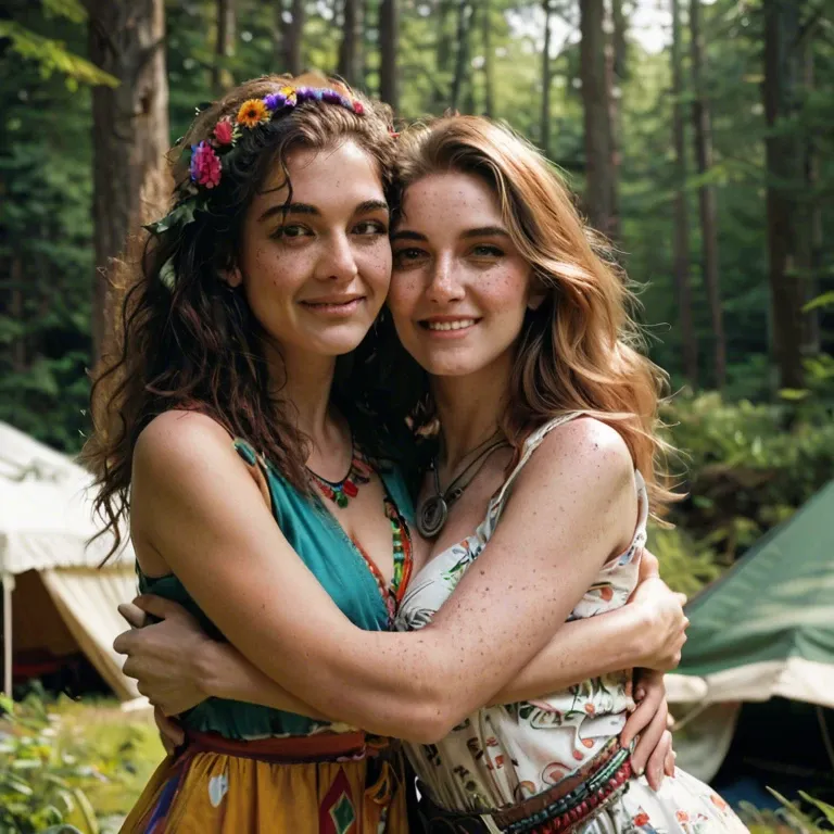 2girl, 70s, yellow photo filter, hippie, psychedelic, adorable, charming, pretty, petite, hairy, freckles, messy unwashed hair, lesbians, cute, hugging, camping with tents, forest