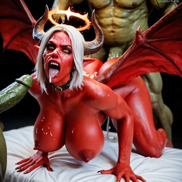 full red skin female devil,fire halo,big wings,big horns,huge breasts,huge ass,very angry,scream of rage,fucked,male goblin green cock,bukkake,creampie,doggy style,anal,back view