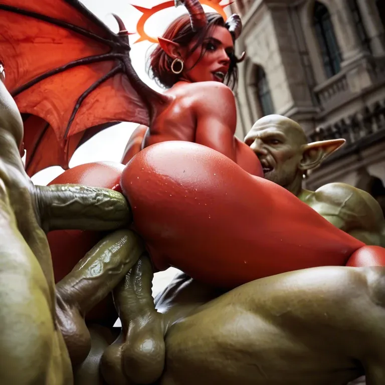 full red skin demon female with big horns and fire halo and wings also have big breasts and big ass and puffy pussy, triple penetration, fucked, male goblin green cock, full view