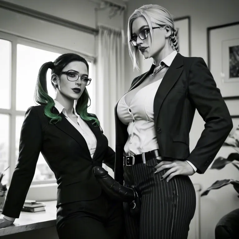 Blond woman wearing glasses, green hair in pigtails, black and white stripe pants suit, with black and white spiral strap-on