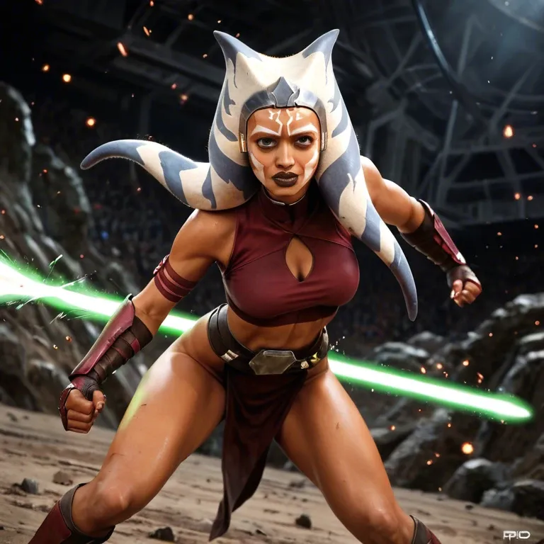 ahsoka Tano, green lightsabers, fighting battle droids, star wars, epic, powerful pose