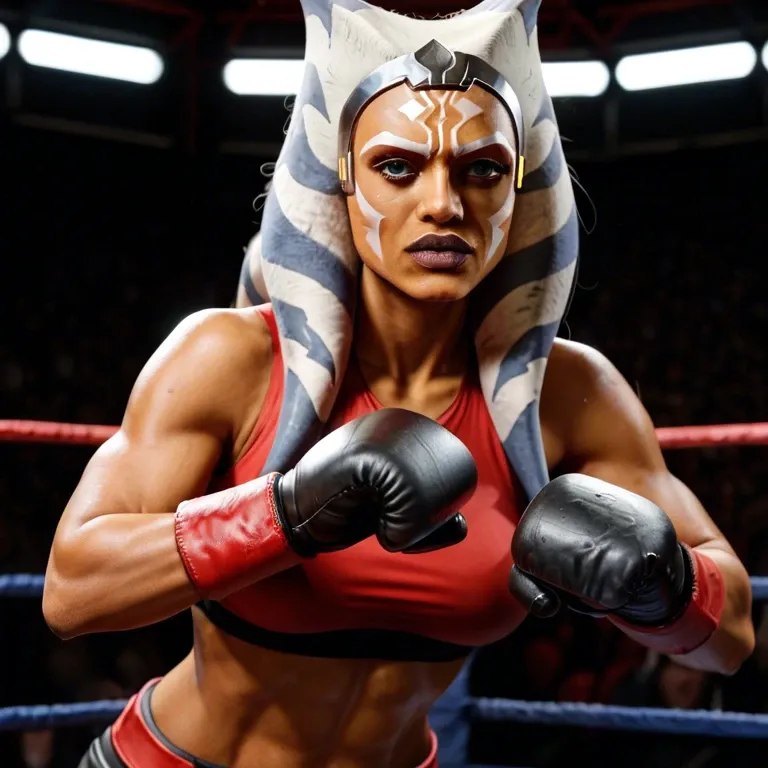 Ahsoka Tano boxing babe, UFC fighter, medium shot, defensive fight stance