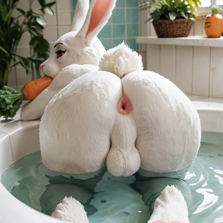 Carrot one piece, bunny, furry, white fur, clothes, femboy,bath,anus, autofellatio