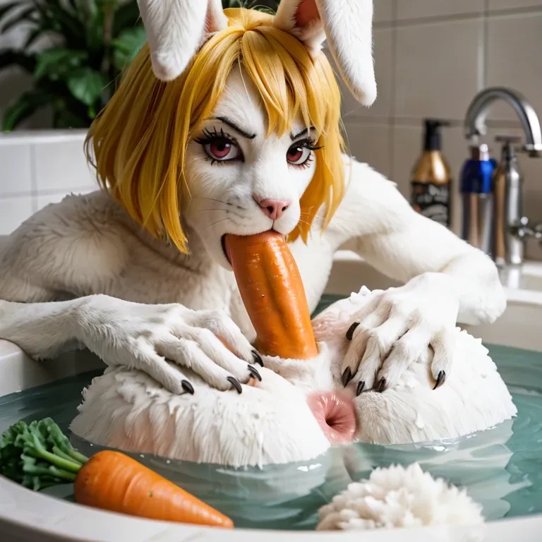 Carrot one piece, bunny, furry, white fur, clothes, yellow hair,femboy,bath,anus, autofellatio