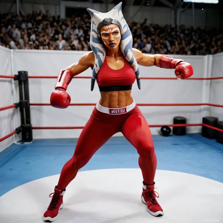 Ahsoka Tano boxing babe, UFC fighter, medium shot, defensive fight stance