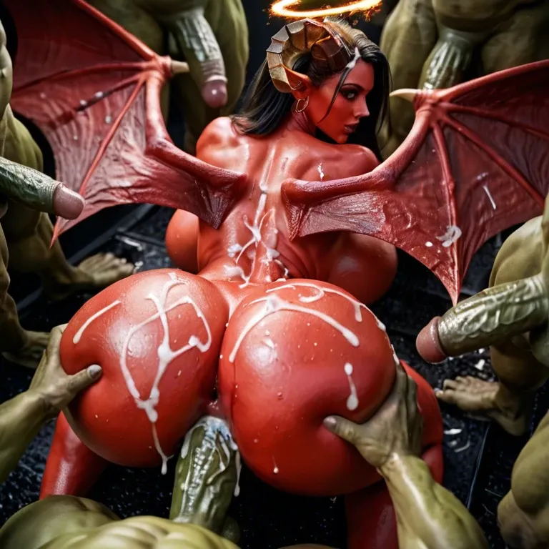 red skin female demon, fire halo, big horns, big wings, massive breasts, massive ass, big hip, fucked, bukkake, doggy style, male goblin green cock, back view