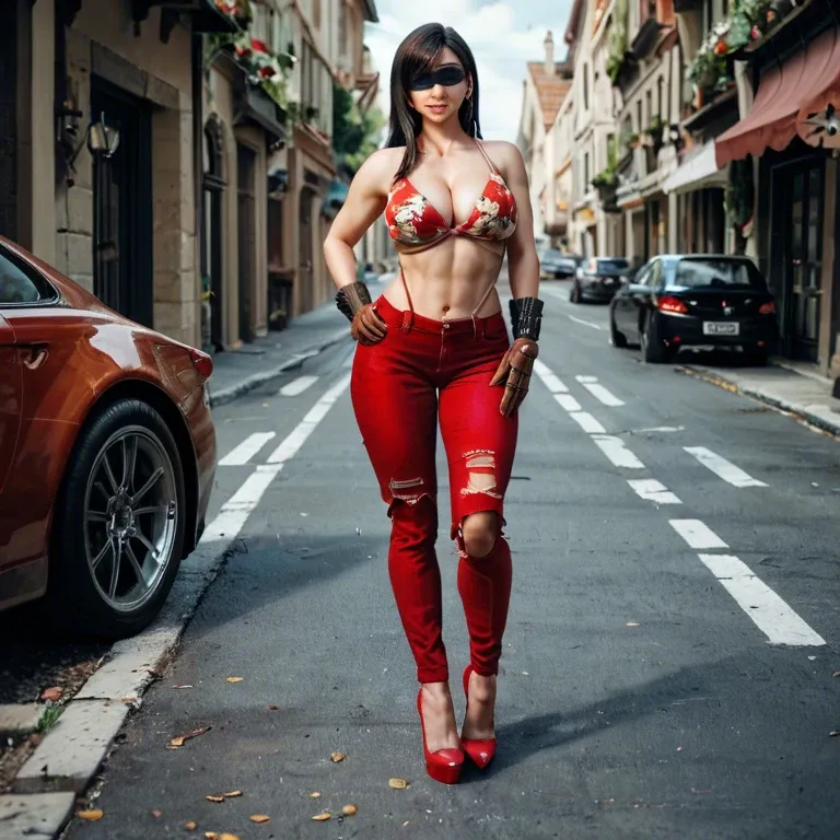 2girl, , , , perfect nose,elegant,round boobs,cleavage,dark-skinned, ripped pants,red stockings,gloves,floral bikini,high heels, shibari, parking, medieval, blindfold, tifa lockhart