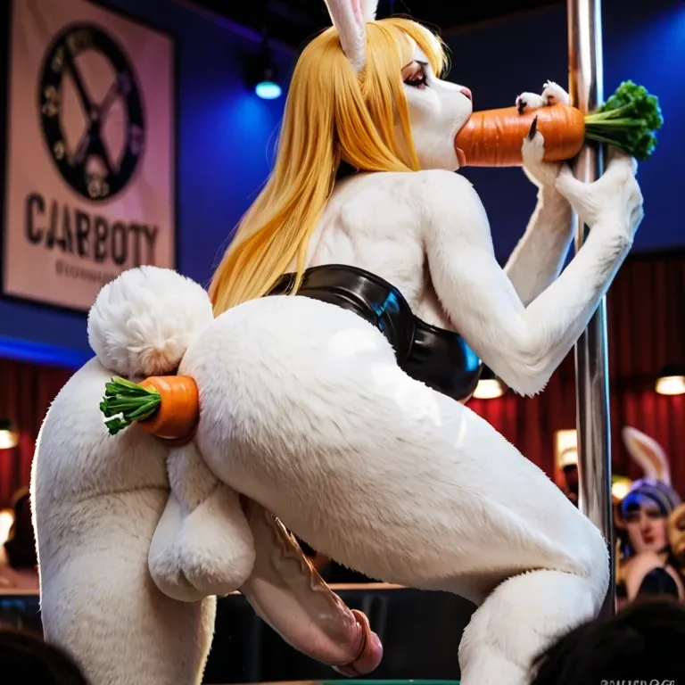 Carrot one piece, bunny, furry, white fur, clothes, yellow hair,futanari,pole dance,big ass,big cock,anal, autofellatio