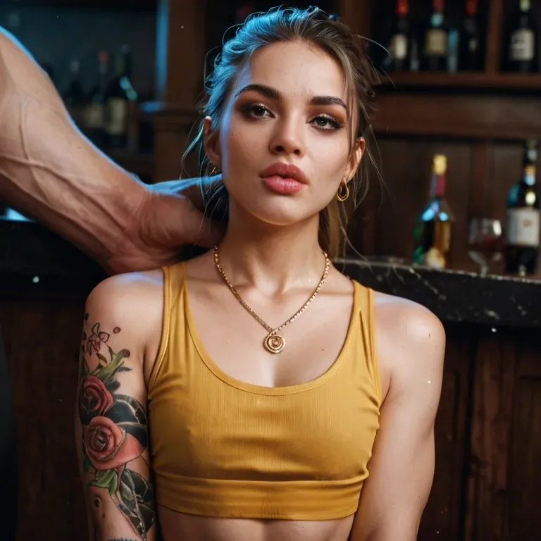 1girl,1boy, , , , thick lips,big hands,flat chest,bar background,elbow, cheek,arms tattooed,round big tits,from waist up,gold necklace, yellow tank top,white socks,elbow gloves,frilled bra,high heels, water sparkles, cyberpunk, lying in bed, live realistic, lowlight, princess peach, asuka langley