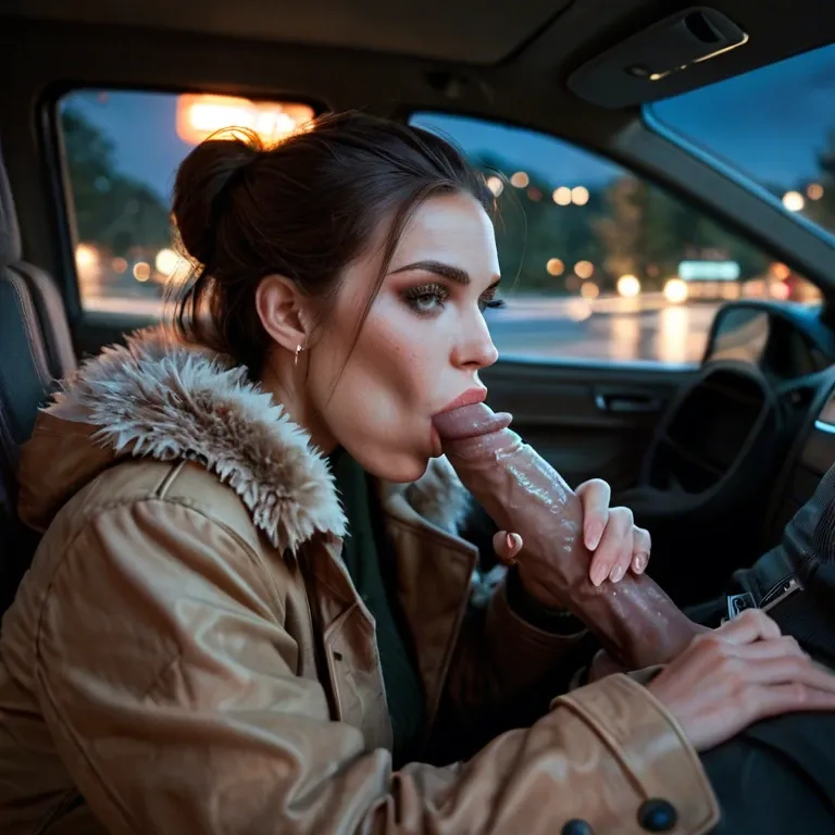 Curvy, coat, At night, Car in forrest, blowjob, curvy, City panorama in the Window, forrest