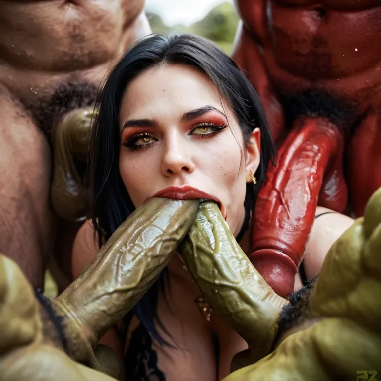 red skin female demon, fucked, triple cock penetration male goblin, green cock, group sex