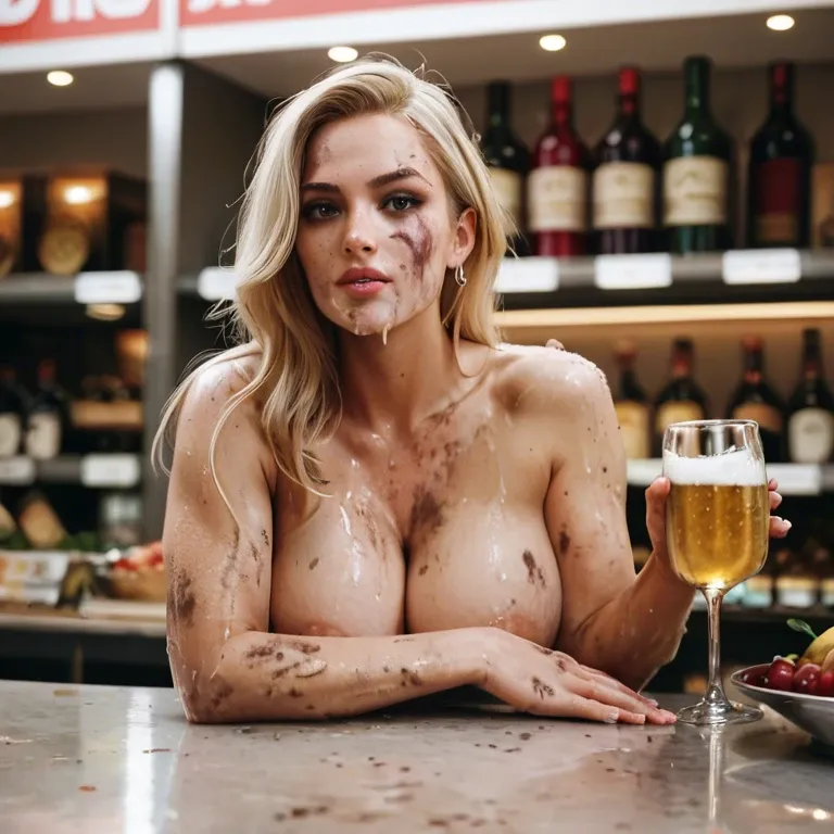 A nude blonde woman gets dirty and messy and bathes herself with wine and beer in a supermarket