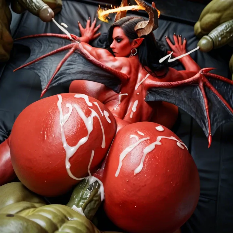 red skin female demon, fire halo, big horns, big wings, massive breasts, massive ass, big hip, closed mouth, angry, fucked, bukkake, cumshot, doggy style, male goblin green cock, back view