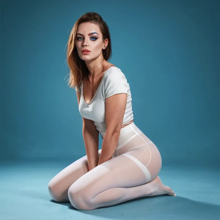 White pantyhose cheap whore, on knees, blue eyeshadow, blue background, photosets