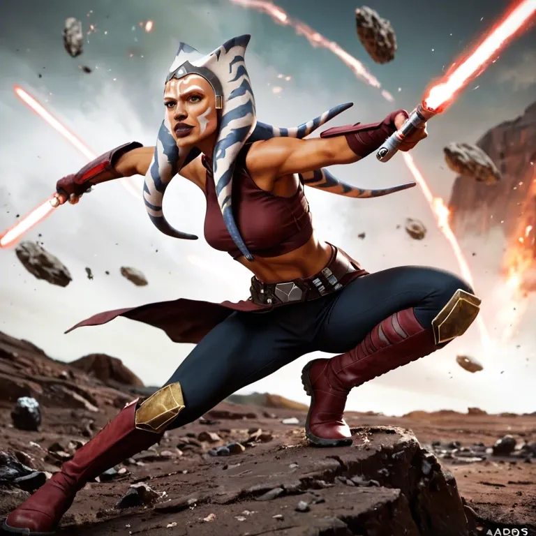 ahsoka Tano, green lightsabers, fighting battle droids, star wars, epic, powerful pose