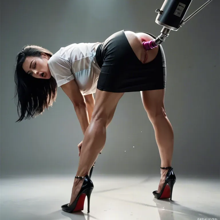 Girl, black hair, black skirt, white shirt, high heels, orgasm, bent over, anal, sex machine, backlit, realistic lighting, highly detailed