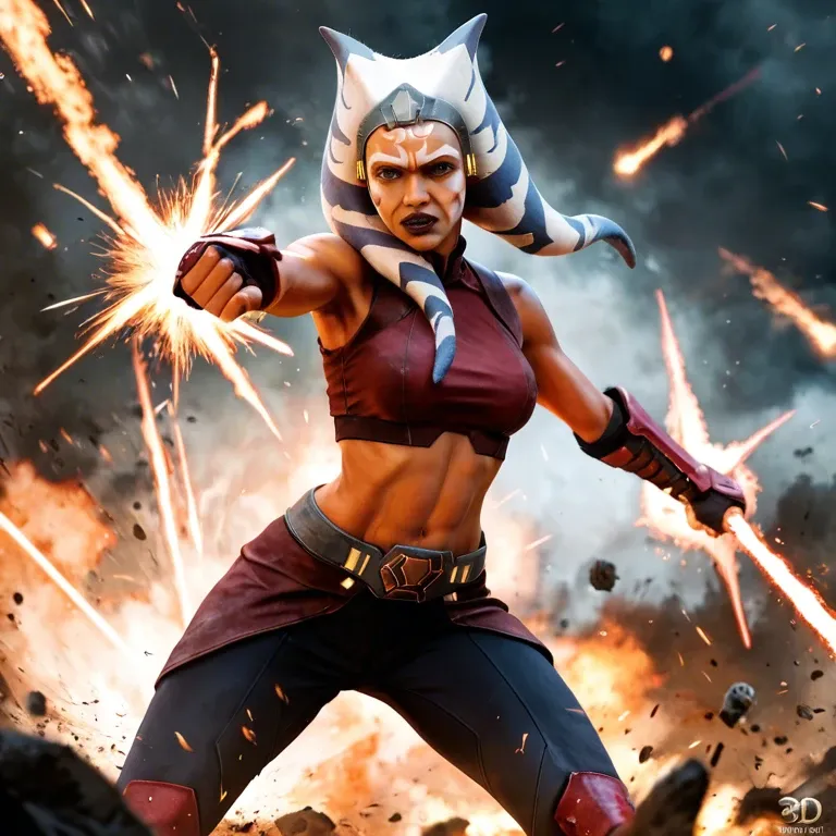 ahsoka Tano, fighting battle droids, green lightsabers, powerful fighting stance, epic, explosions, medium shot