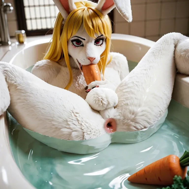 Carrot one piece, bunny, furry, white fur, clothes, yellow hair,femboy,bath,anus, autofellatio