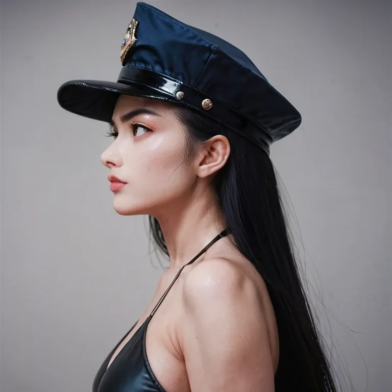 1girl, , , , korean, cute face, very young, serious, in black bikini, in a police cap, (standing straight), looking ahead, side view, distant view, no distorted, no bad art