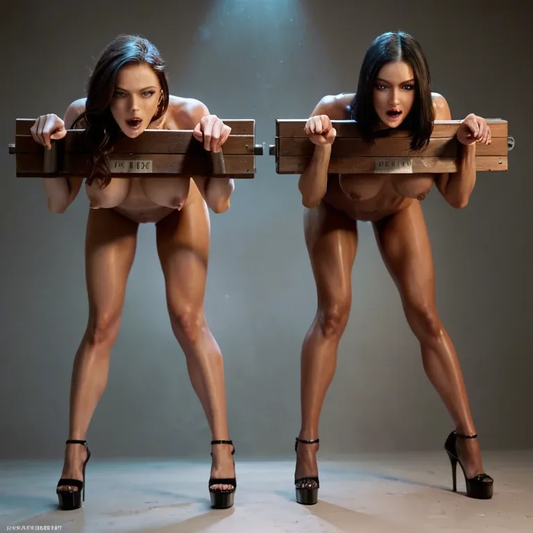 2 girls, black hair and brown hair, naked, high heels, pillory, orgasm, anal, sex machine, looking at viewer, backlit, realistic lighting, highly detailed