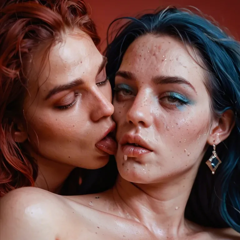 Lesbian, Three together, two girl, one men, anal sex, caressing, kiss, cheap whore, brothel, red walls, pale skin, acne, unhealthy skin, skinny, blue eyeshadow, messy hair