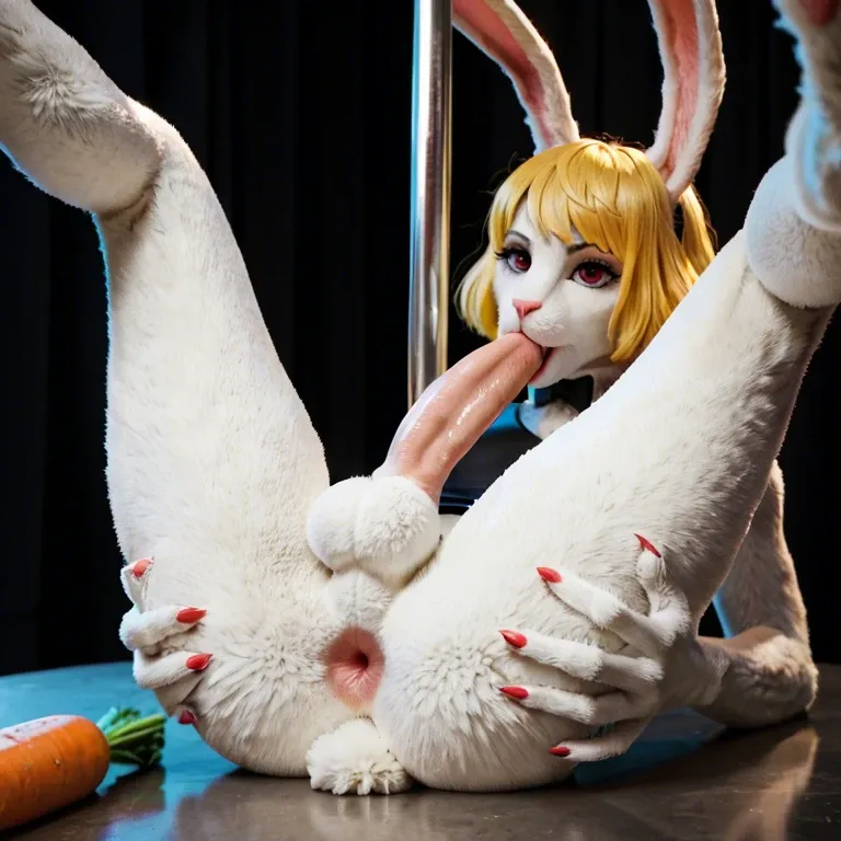 Carrot one piece, bunny, furry, white fur, clothes, yellow hair,femboy,pole dance,anus, autofellatio