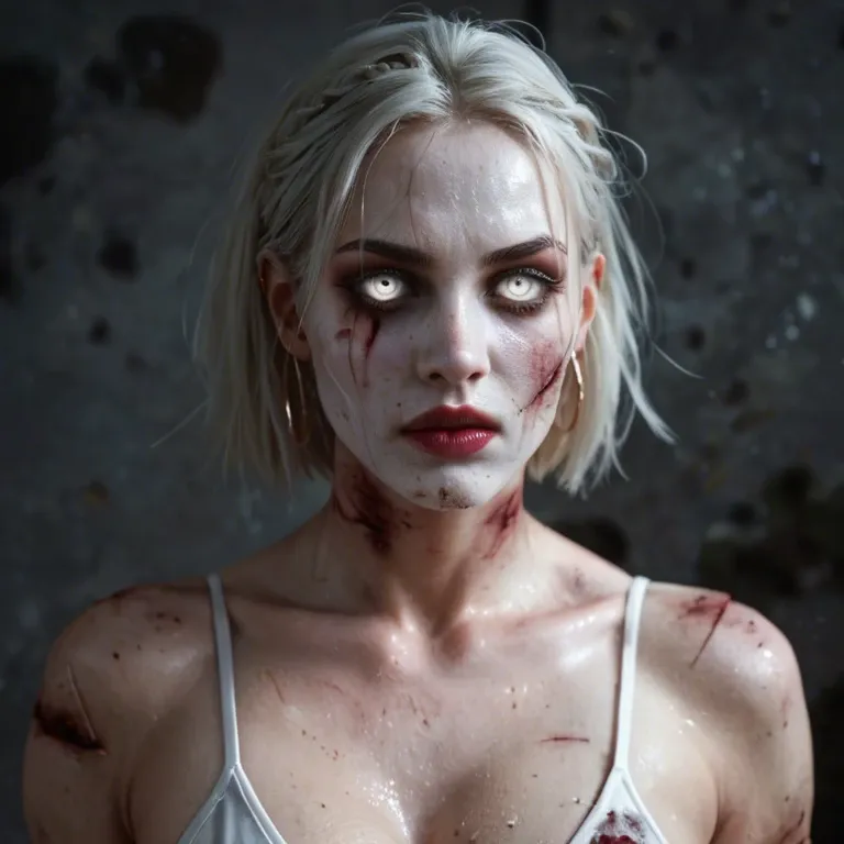 female zombie;white eyes;white skin;wounded body