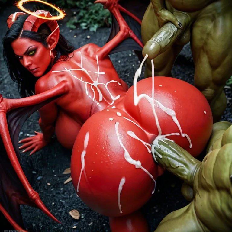 red skin female demon, fire halo, big horns, big wings, massive breasts, massive ass, big hip, closed mouth, angry, anal, bukkake, cumshot, doggy style, male goblin green cock, back view