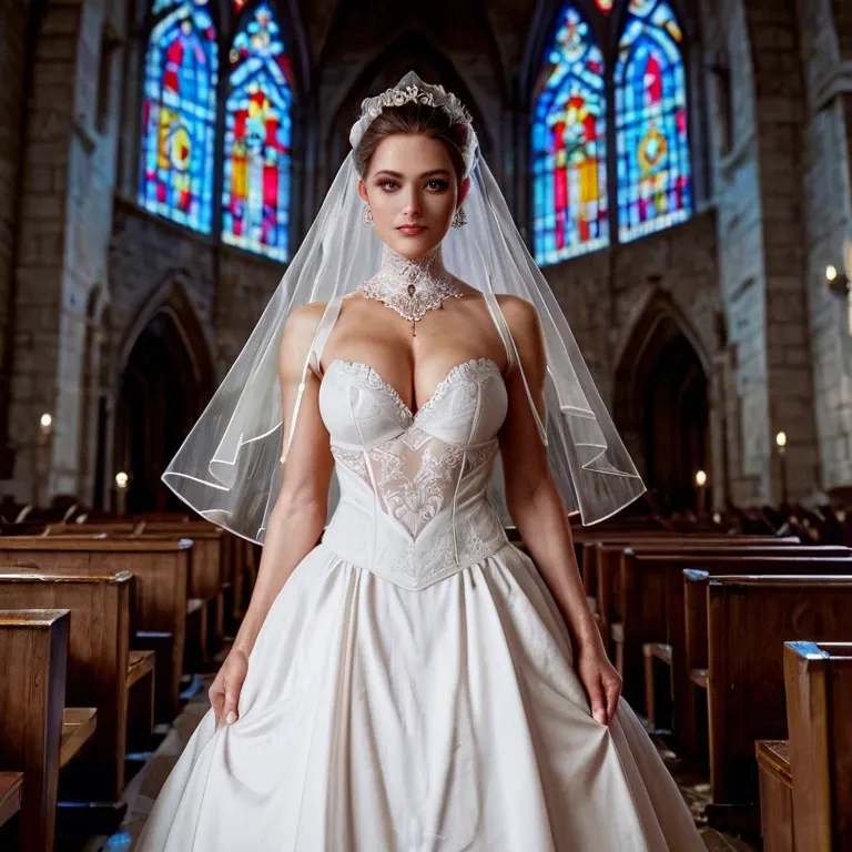 2 cocks, veil, bride dress, church, closed mouth