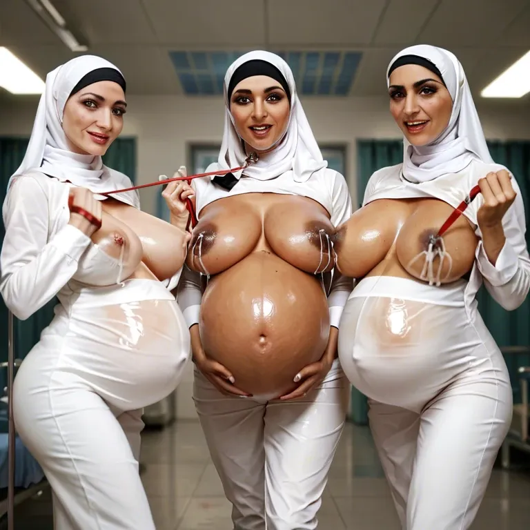 Hijab, big tits, milf, oiled skin, lactating, standing, pregnant, leash pull, hospital, 3girls,