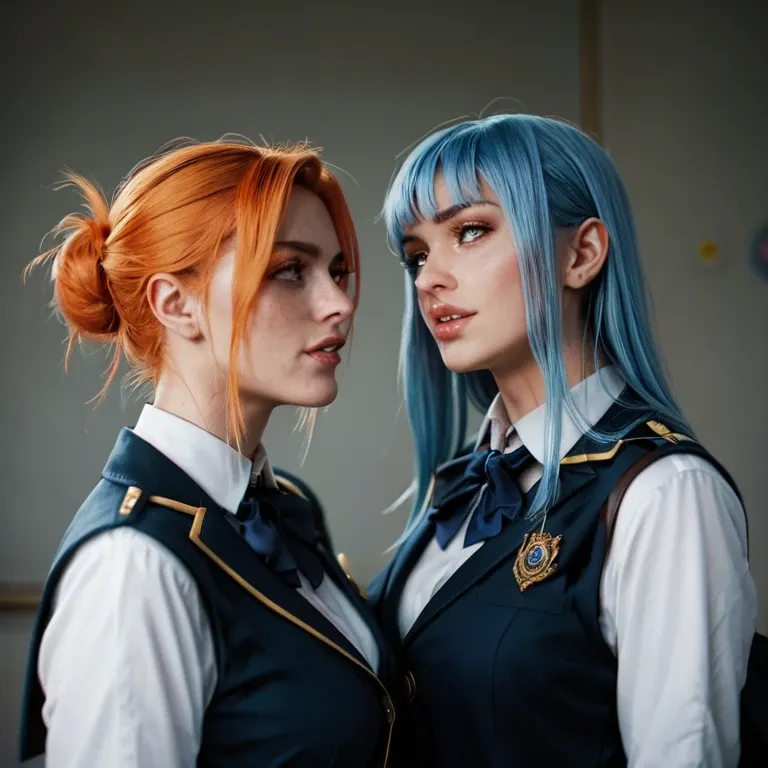 2 girl standing side by side. Orange haired and blue haired. White skin. At school with uniform.