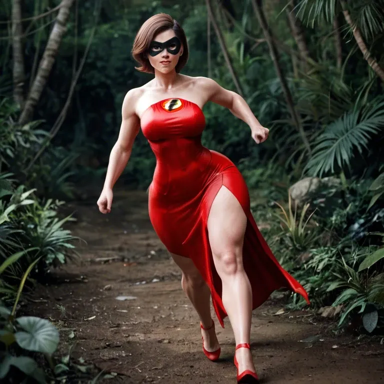 Helen Parr is a fictional superhero, superhero dress, red dress, massive ass, big hip, black eye mask, running, jungle